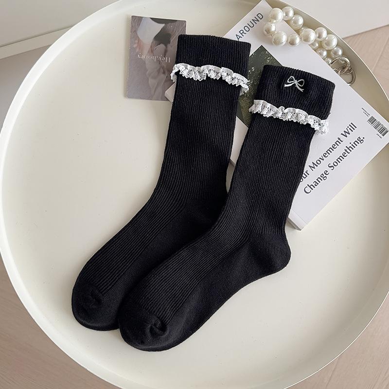 Simple All-Match Girly Cotton Socks Lace Bow Sweet Sock Casual Breathable Sweat-Wicking Mid-Tube Socks Accessories Gifts