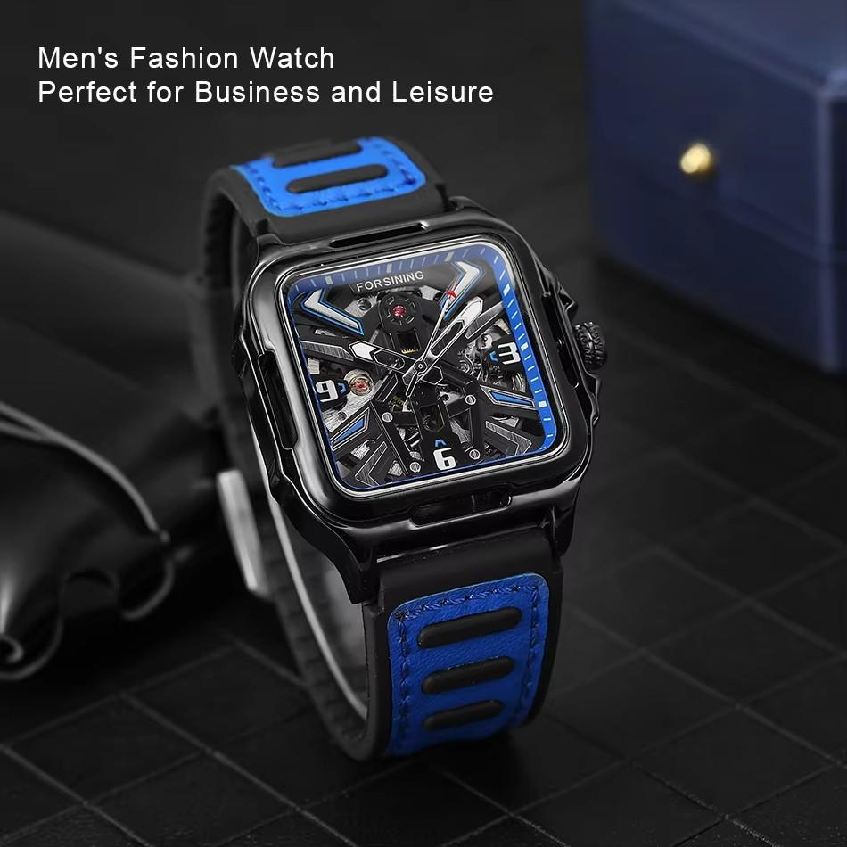 Luxury Square Transparent Skeleton Mens Watches Field Sports Rubber Band Mechanical Watch Luminous Waterproof Reloj Hombre 2024