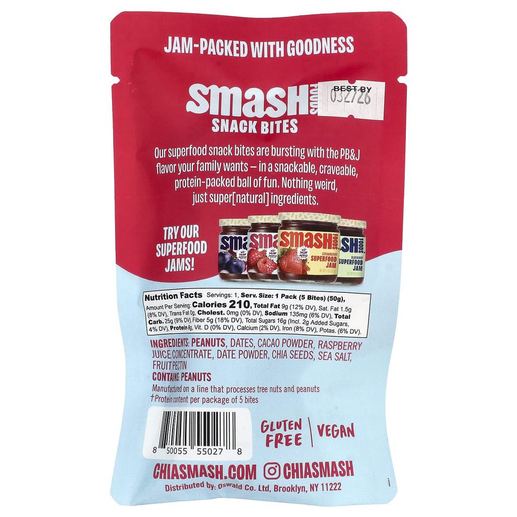 Smash Foods, Snack Bites, Chocolate Peanut Butter & Raspberry Jam, 5 Gummies, 50g (1.8oz)