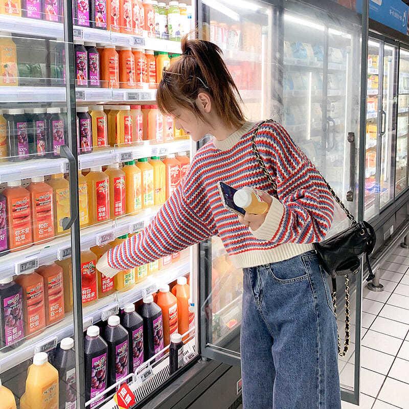 Женский вязаный свитер, весна-осень, винтажные полосатые укороченные свитера, женские свободные повседневные корейские пуловеры с длинными рукавами, топы