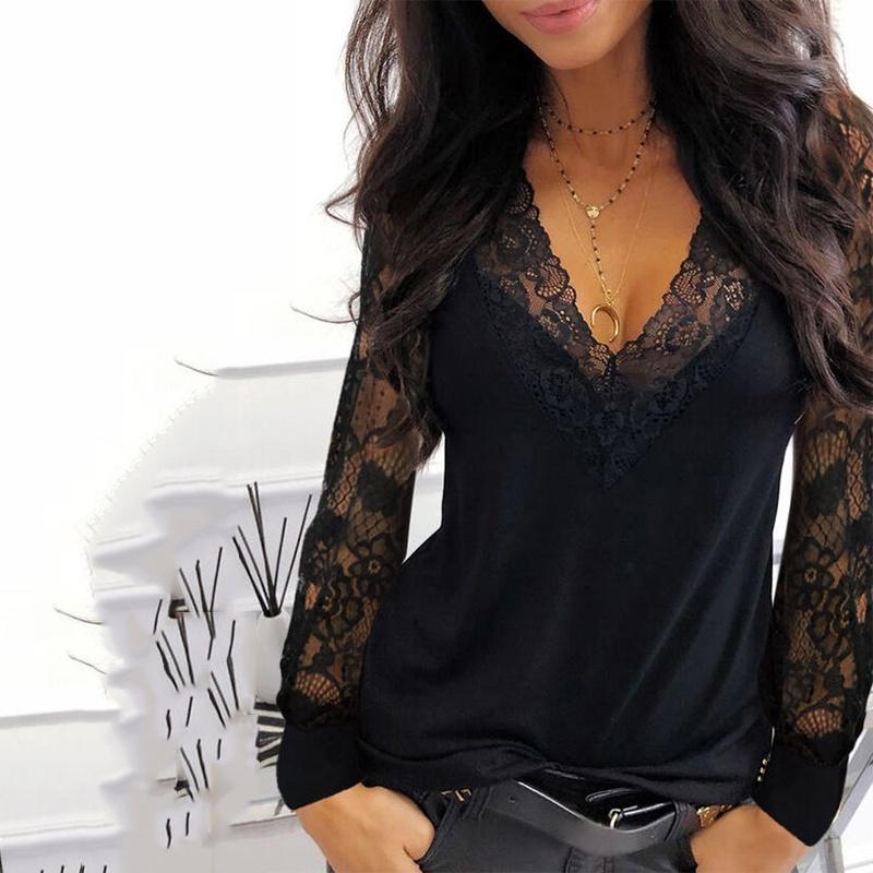 Women's V-neck Lace Long-sleeved Casual T-shirtsexy Clothes Solid Color Black T-shirt