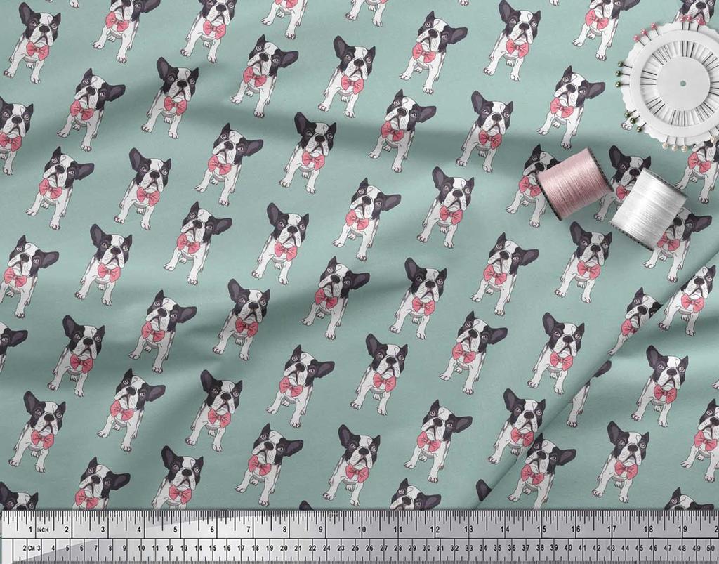 Soimoi Japan Crepe Satin Fabric Bow & Boston Terrier Dog Print Fabric by the Metre 42 Inch