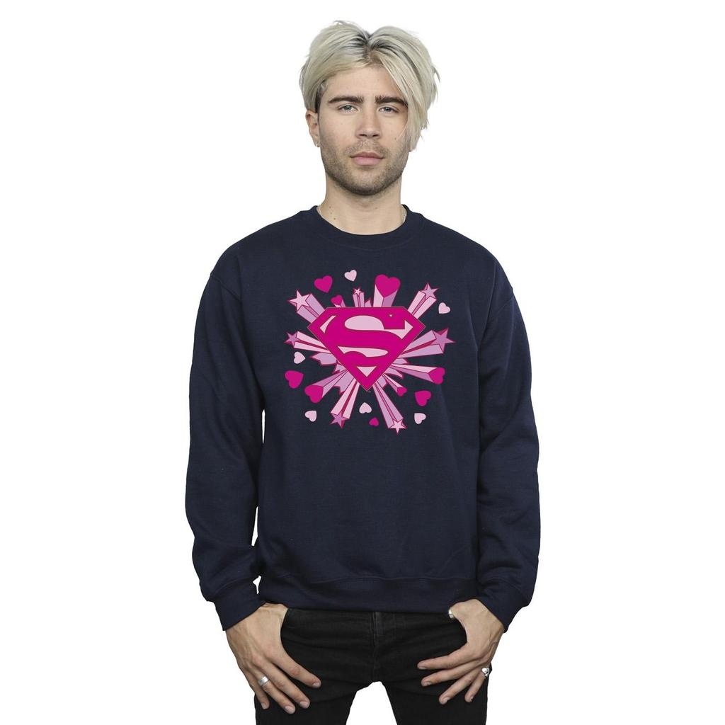 DC Comics Mens Superman Pink Hearts And Stars Logo Sweatshirt