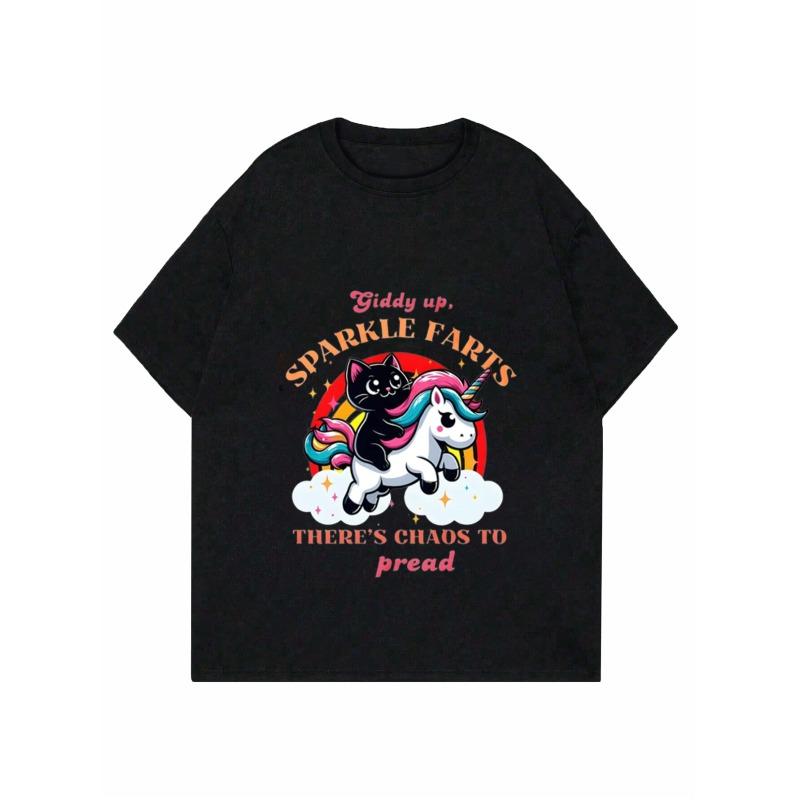 Women Casual T Shirt Black Unicorn And Cat Print Giddy Up Sparkle Farts Theres Chaos To Pread Graphic Tee For Daily Wear Party Outing