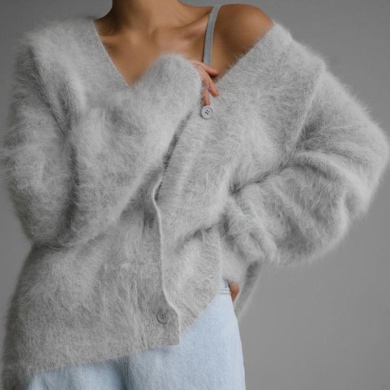 Осенне-зимний кардиган из искусственной норки, женский свободный свитер в ленивом стиле, мягкий корейский модный повседневный трикотажный топ с длинными рукавами