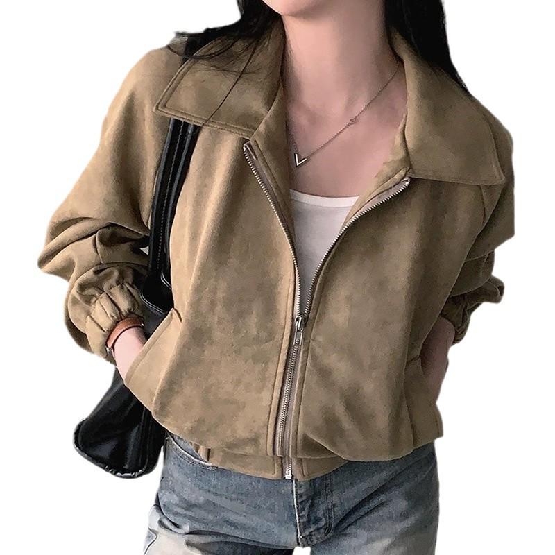 Korean Chic Autumn Retro Faux Suede Stand-Up Collar Zip-Up Jacket for Women