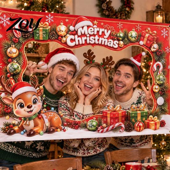 Cute Cartoon Elk Penguin Bear Props Christmas Photo Booth Frame Banner, Xmas Selfie with Interactive Bear, Holiday Party Handheld Prop, Hanging
