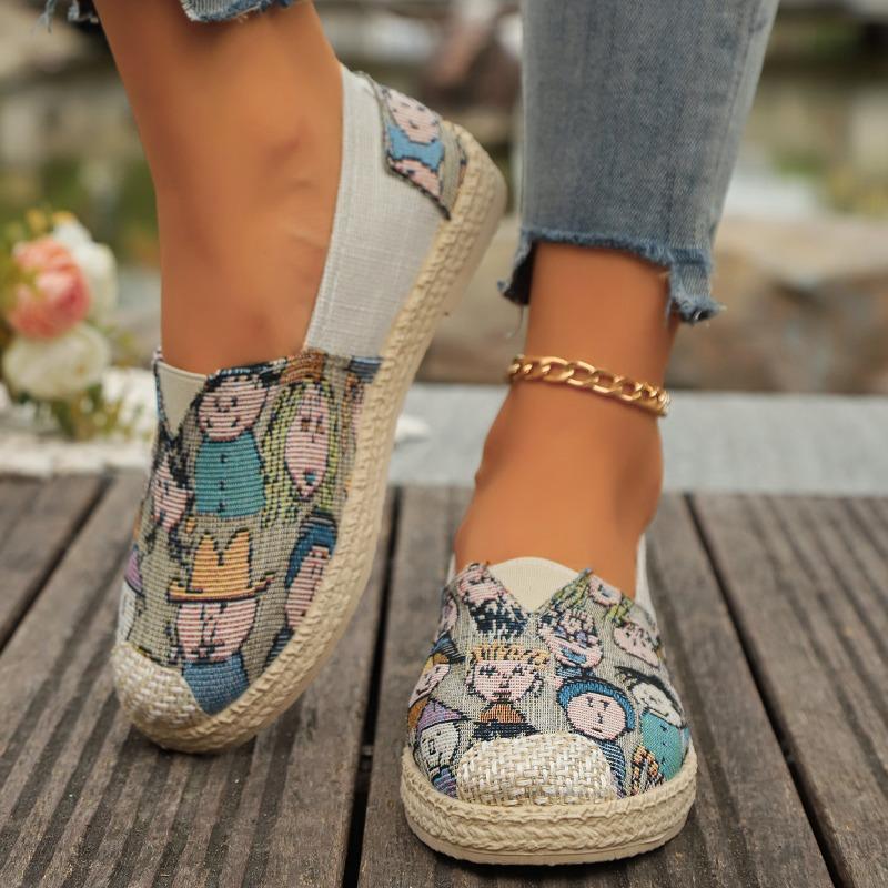 Мода Новые модные туфли на плоской подошве с круглым носком 2024 года, легкие дышащие мокасины из мультяшной ткани, повседневная и удобная женская обувь