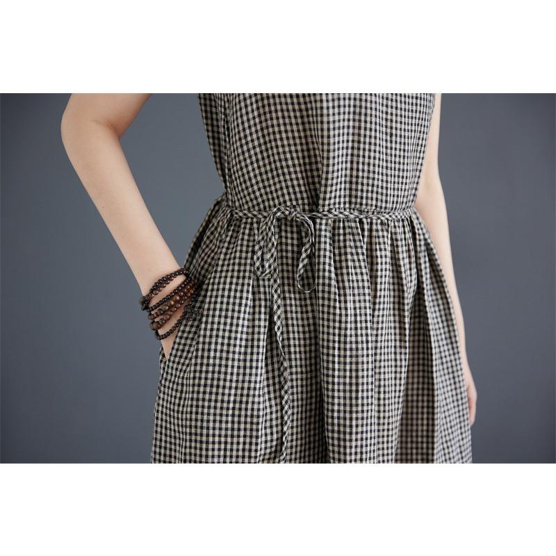 Vintage Plaid Tank Dress Crew Neck Sleeveless Base Dress Women's Long Summer Dress