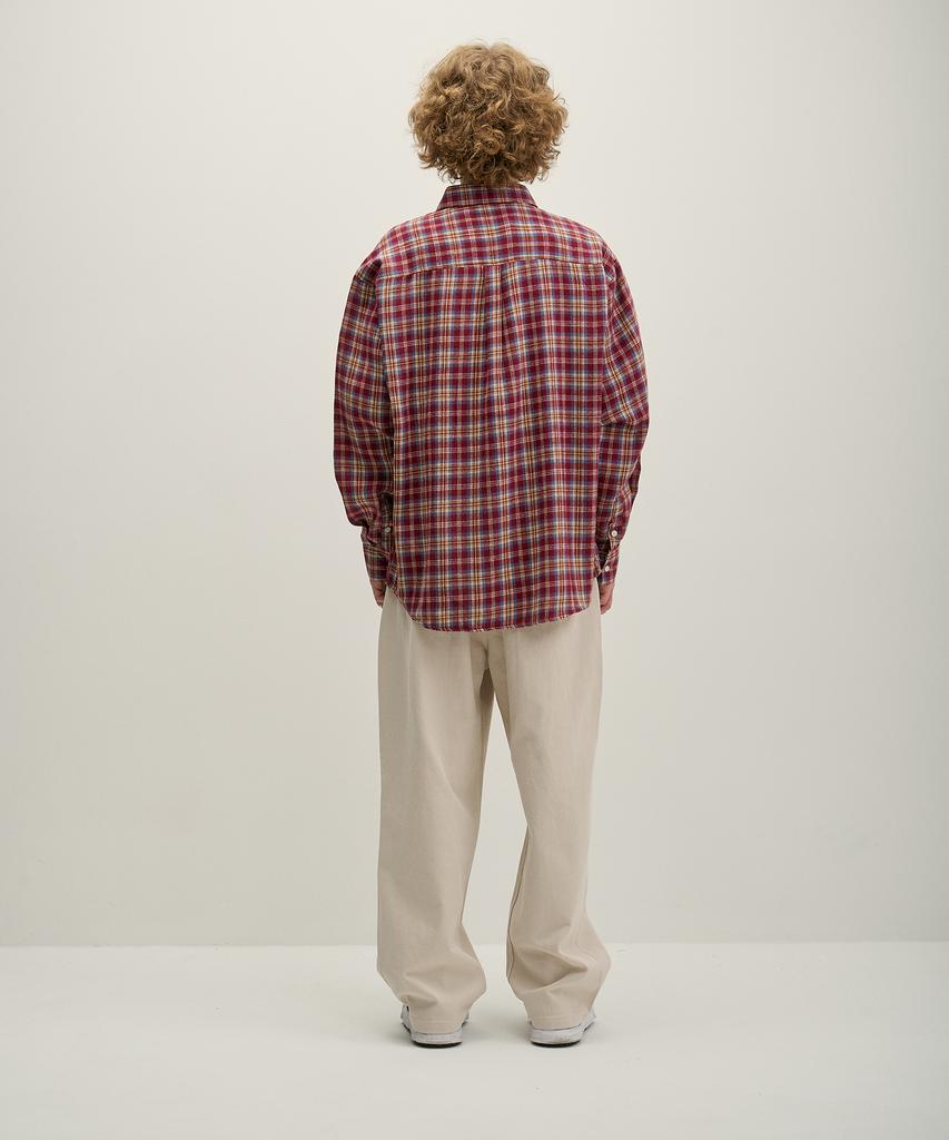 GNOK Flannel Check Pocket Long Sleeve Shirt [Burgundy]