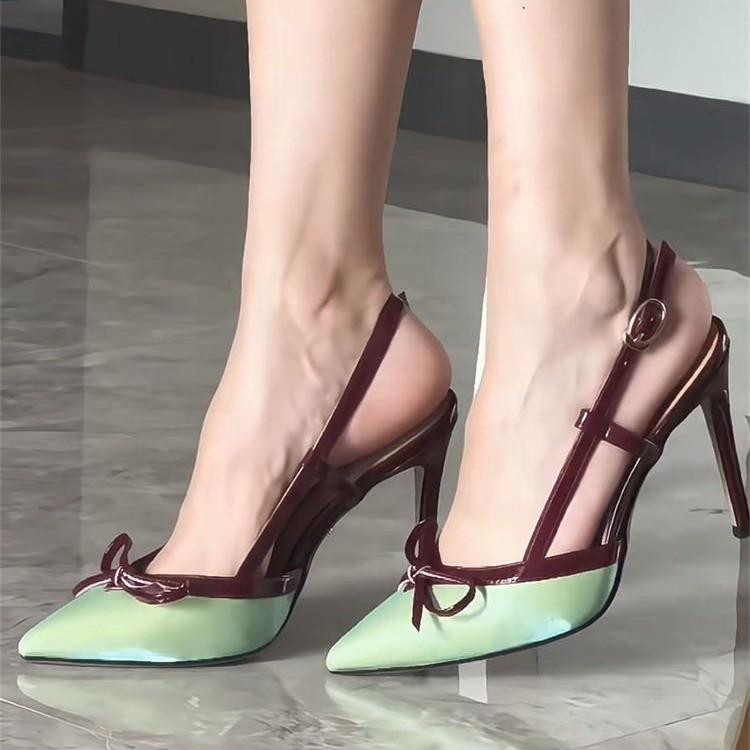 Французский темперамент бант на высоком каблуке женские заостренные тонкие каблуки сексуальные феи стиль одно слово пряжка атласные сандалии мешок голова