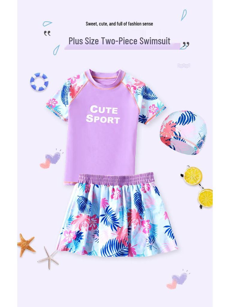 Plus Size Girls' Sun Protection Swimwear, Quick-Dry Split Design for Big Kids