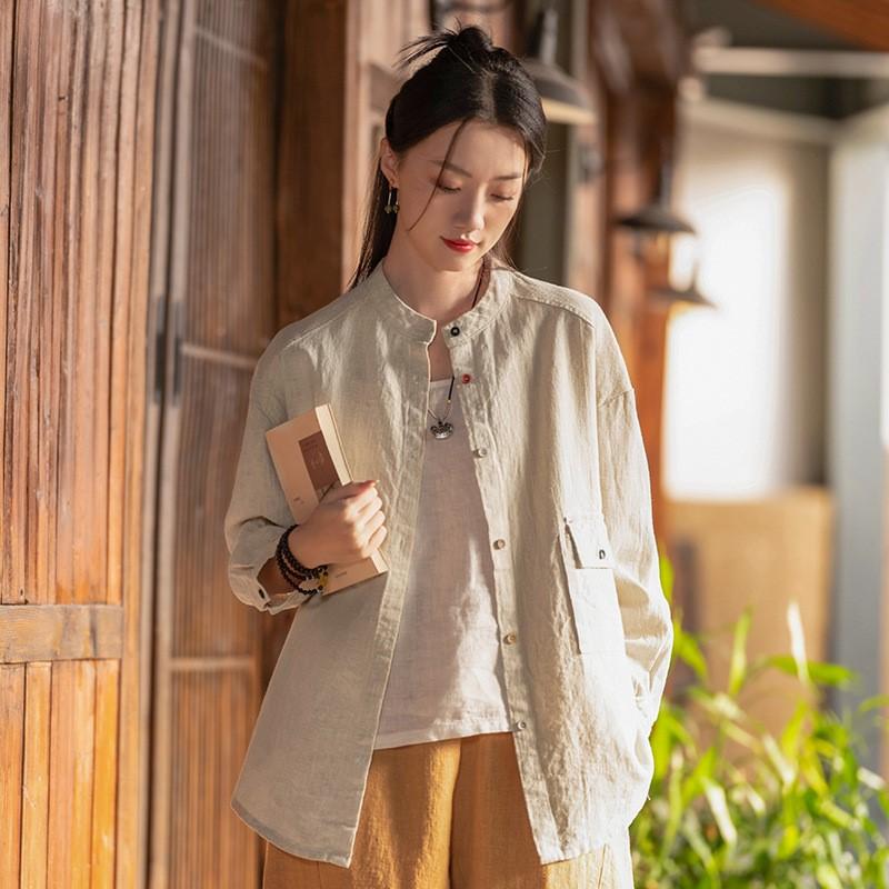 Johnature Женские винтажные рубашки, топы с длинным рукавом, весенние блузки на пуговицах, лоскутные карманы, однотонные рубашки
