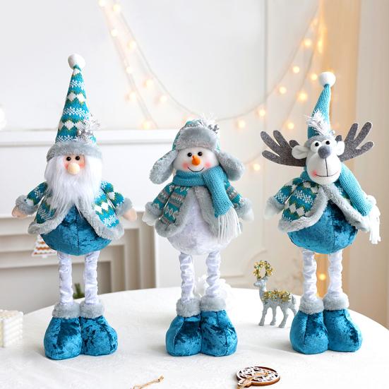 Christmas Doll Ornament Plush Standing Santa Claus Reindeer Snowman Figure with Telescope Leg Blue Gnome Doll Toy for Tree Fireplace Window Table