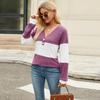 Women's Autumn and Winter New Long-sleeved V-neck Collision Colour Loose T-shirt Button Tops