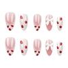 24pcs Short Almond False Nail Acrylic Artificial Nail Full Cover Stick On Nail with 3D Bows and Strawberry Designs