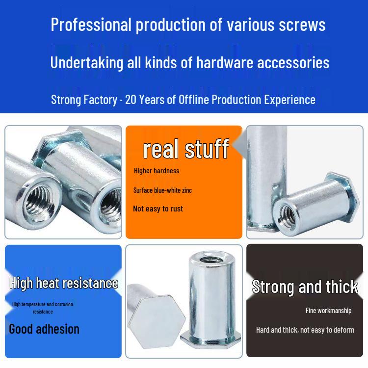 Blue and White Zinc-Plated Carbon Steel Hex Nut Connector with BSO Blind Hole Rivet, M3-M5.