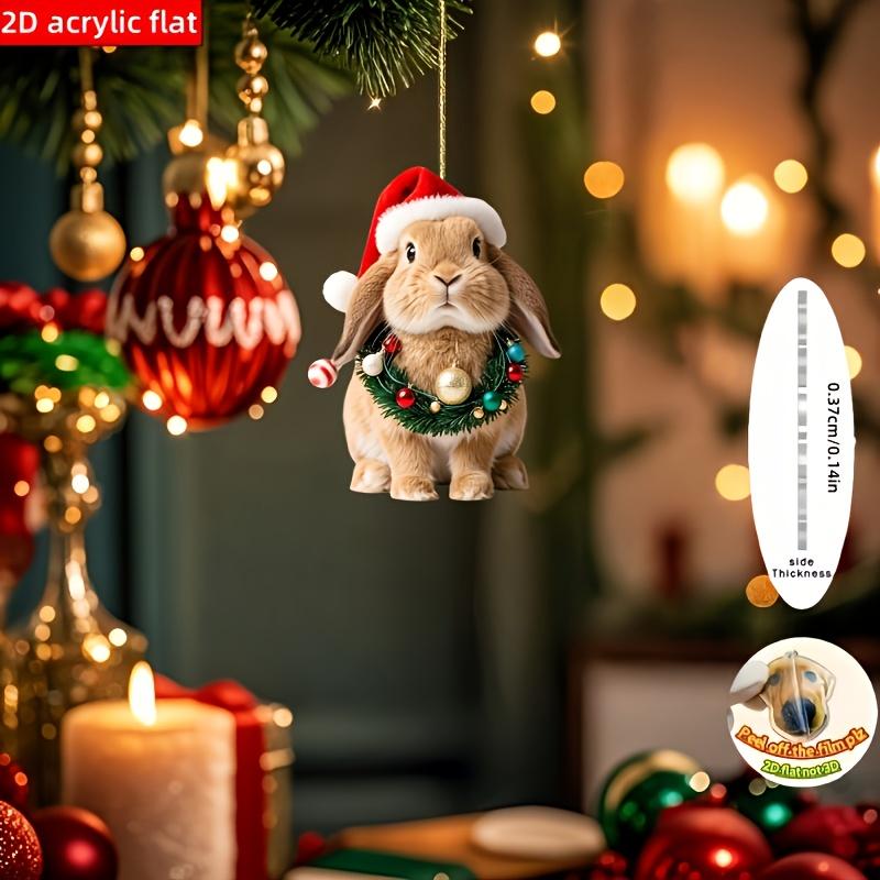 2D Flat, 1pc Cute Rabbit Christmas Ornament with Hanging Loop - Elegant 2D Flat Acrylic Indoor/Outdoor Tree Decoration, White Rabbit with Red Paws & F