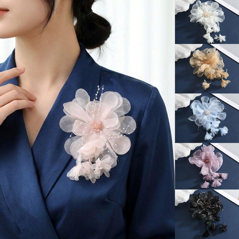 Tassels Organza Flower Applique Embroidered Corsage Pin Elegant Hair Accessories Party