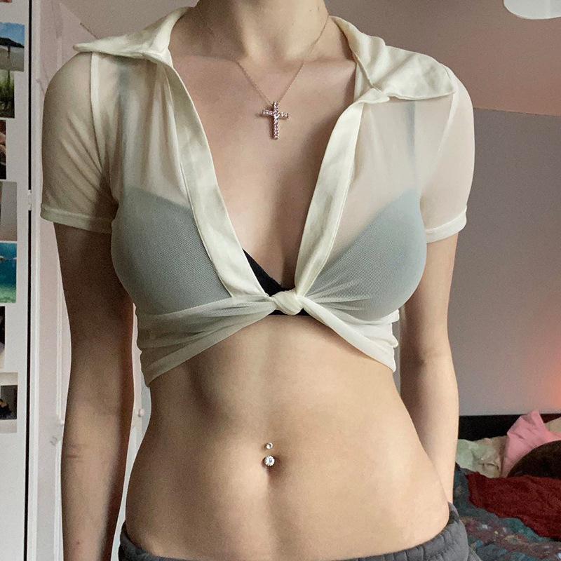 Сексуальная сетчатая футболка европейского стиля с V-образным вырезом и короткими рукавами - Женская летняя облегающая однотонная накидка с перекрутом