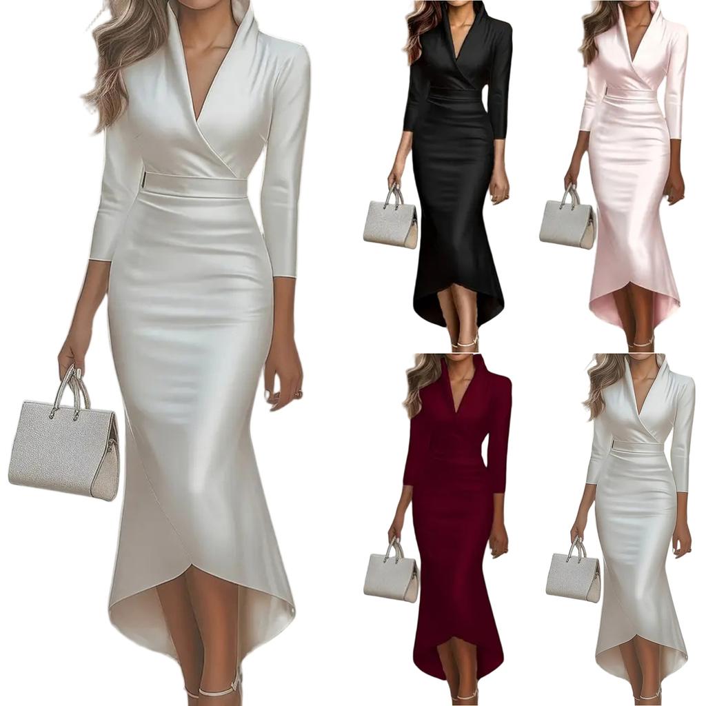 Женское модное элегантное однотонное платье с длинным рукавом и V-образным вырезом из сатина