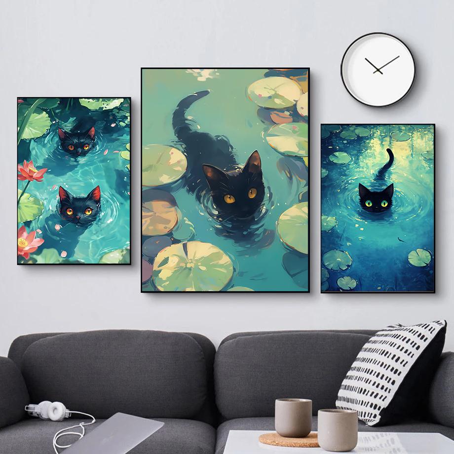 Retro Cute Black Cat And Lotus Landscap Canvas Paintings Impression Monet Posters and Prints Wall Pictures For Living Room Decor