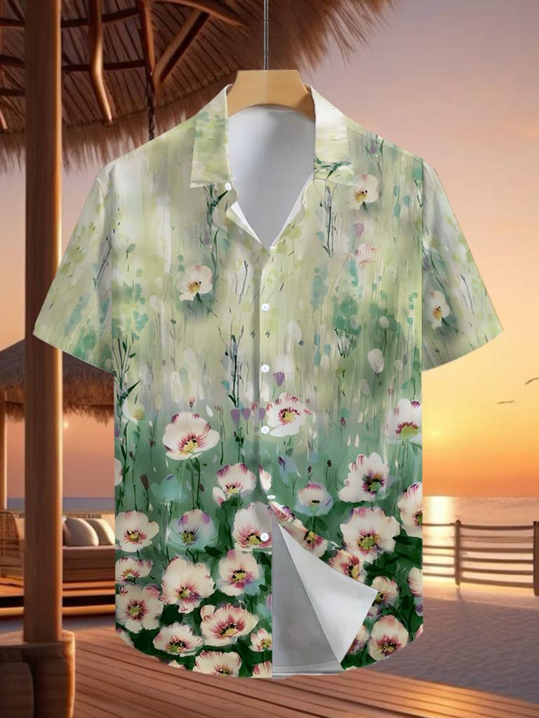 Hawaiian Tropical Floral Print Men'S Casual Shirt - Short-Sleeved Button Design, Bright Colors, Summer Outdoor And Casual Wear, Machine Washable