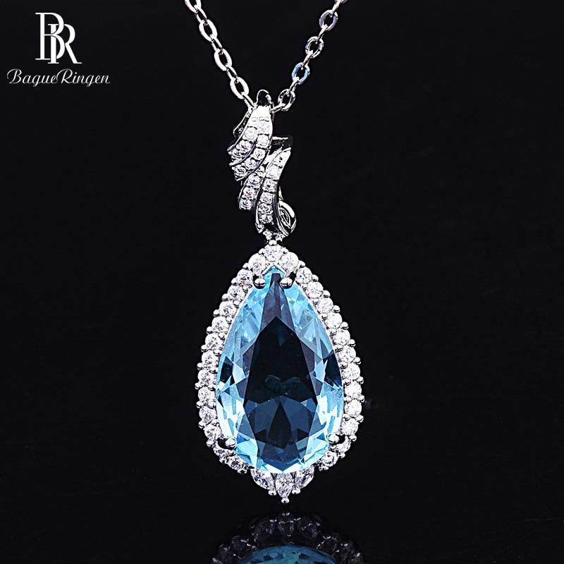 Роскошные серебряные 925 ювелирные изделия, подвески, ожерелье для женщин, подвеска в форме капли воды, цепочка с аквамарином и цирконием, оптовая продажа
