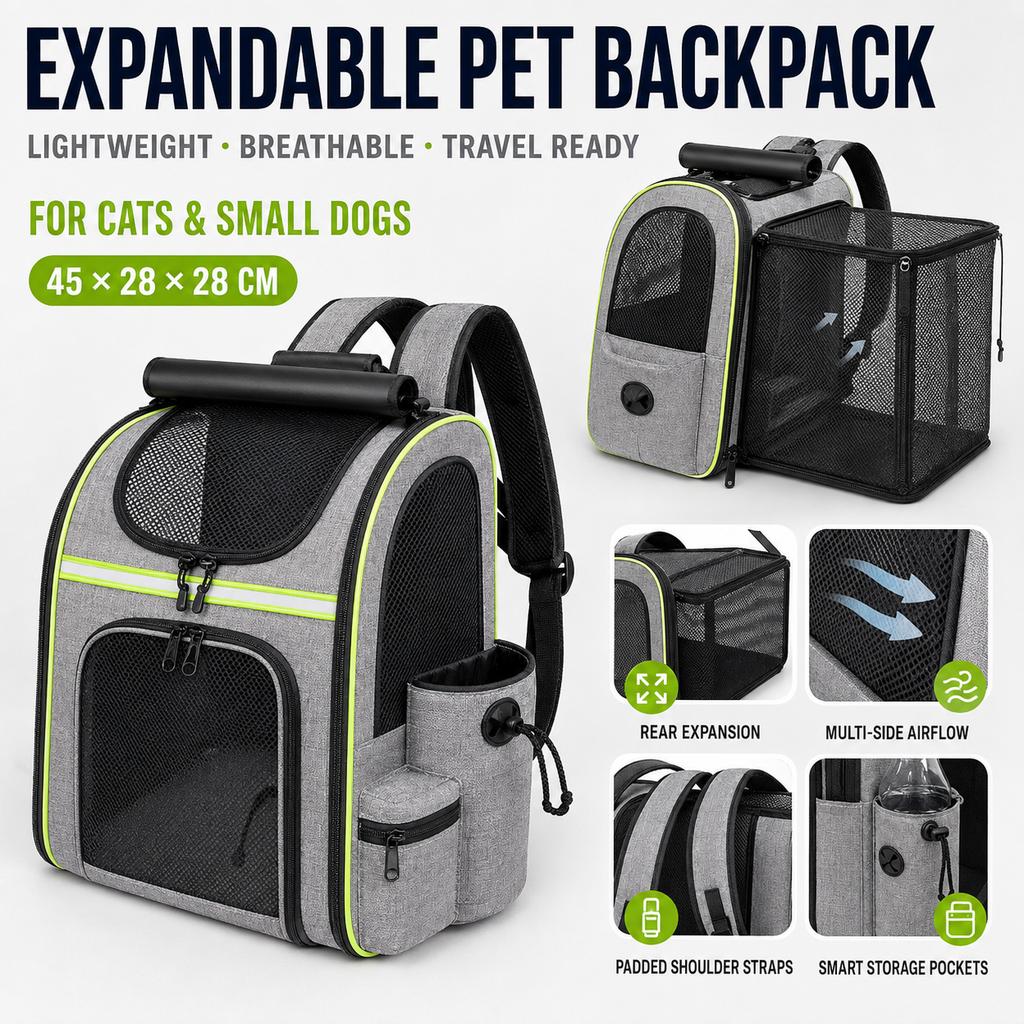 Expandable Pet Backpack Carrier Breathable Mesh Cat Dog Travel Bag Lightweight Expand Side Space Portable Outdoor Pet Knapsack
