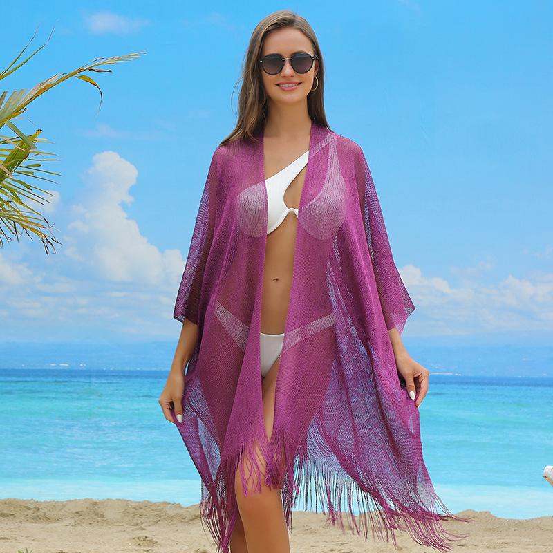 Women's Tassel Cardigan Beach Cover-Up Shawl: Sun Protection Bikini Cover, European & American Style, Hollow Out Design