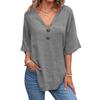 Women Summer Tops V-Neck Half Sleeve Casual Solid Color Tee Shirt Buttons Decor Loose Fit Mid-length Blouse