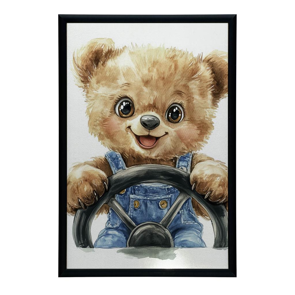 Smiling Teddy Bear Behind The Steering Wheel Smiling Teddy Bear Behind The Steering Wheel, 50X70 Cm, Black Aluminum Frame, 230 Gsm Matte Paper