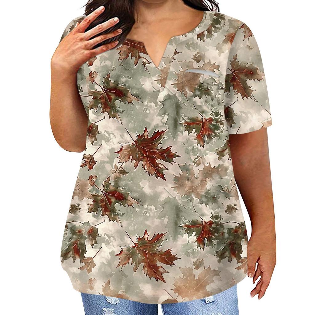 Женская футболка большого размера, повседневный топ с карманами и V-образным вырезом с короткими рукавами