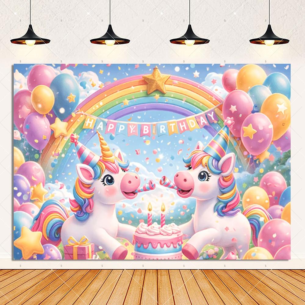 Unicorn birthday party decorations, rainbow castle backdrop, balloons, cake, photo booth props, gift for children2572
