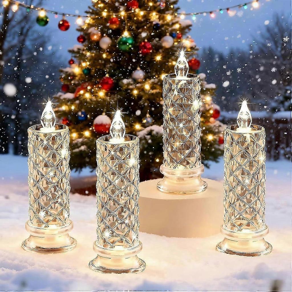 Set of 4 LED Crystal Candle Lights, Flameless LED Candles, Rose Shadow Led Flameless Candle Light, Romantic Flameles Pillar Candles for Christmas Wedd