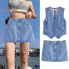 Women Denim Vest Skirt V Neck Sleeveless Single-breasted Cardigan Waistcoat Solid Color Pockets Slim Fit Button Zipper Closure Mini Skirt
