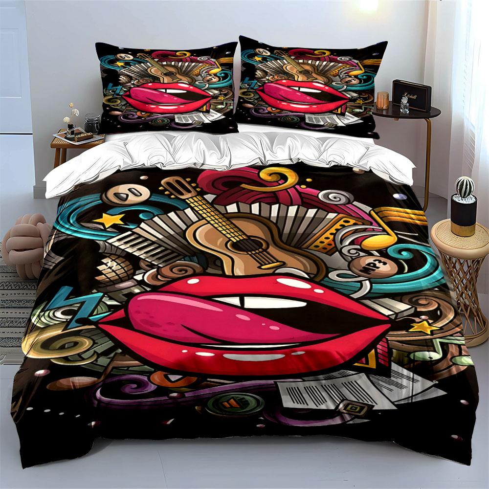 Pink lips, guitar, swirls. Bedding sets Duvet cover sets Duvet covers Pillowcases(1 * Duvet Cover 2 * Pillowcases without duvet insert)