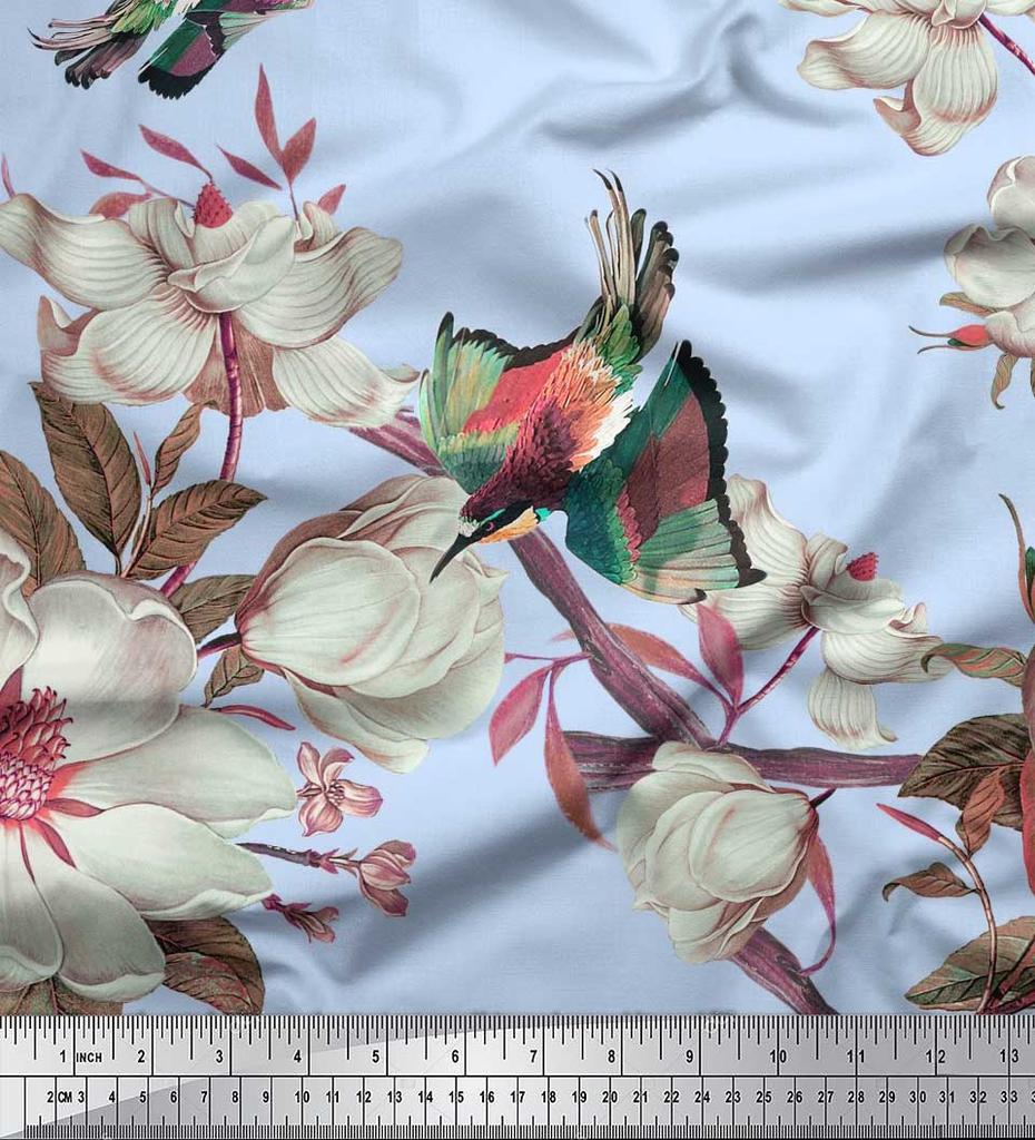 Soimoi Серая полиэфирная креповая ткань с цветочным принтом и принтом зимородка, 42 дюйма по метрам