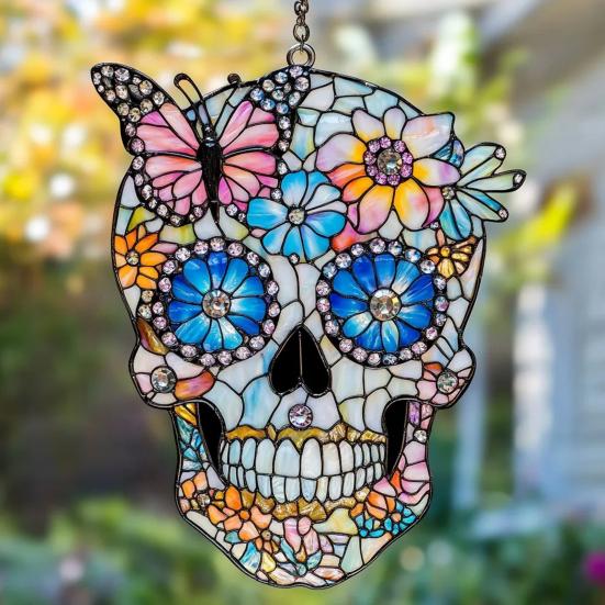 Colorful Skull Suncatcher Sun Catcher Skull Light Trap Window Hanging Decoration with Rhinestones Flowers Butterflies Unique Gothic Boho Decor Gift