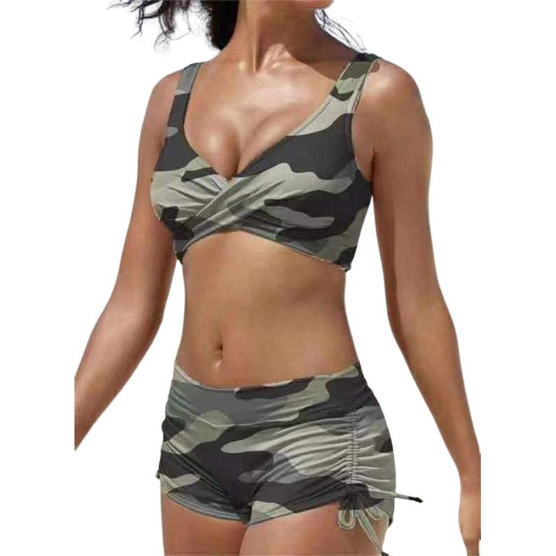 Женский сексуальный купальник из двух частей в европейском и американском стиле, зашнурованный сзади топ с завязками по бокам, шорты-боксеры, комплект купальников, однотонный купальный костюм танкини с принтом
