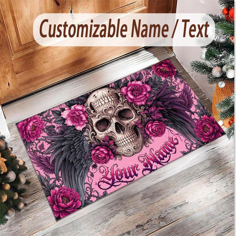 Skull Gothic Theme Soft Crystal Velvet Rug Custom Name & Text Print Non Slip Floor Rug for Bedroom Living Room
