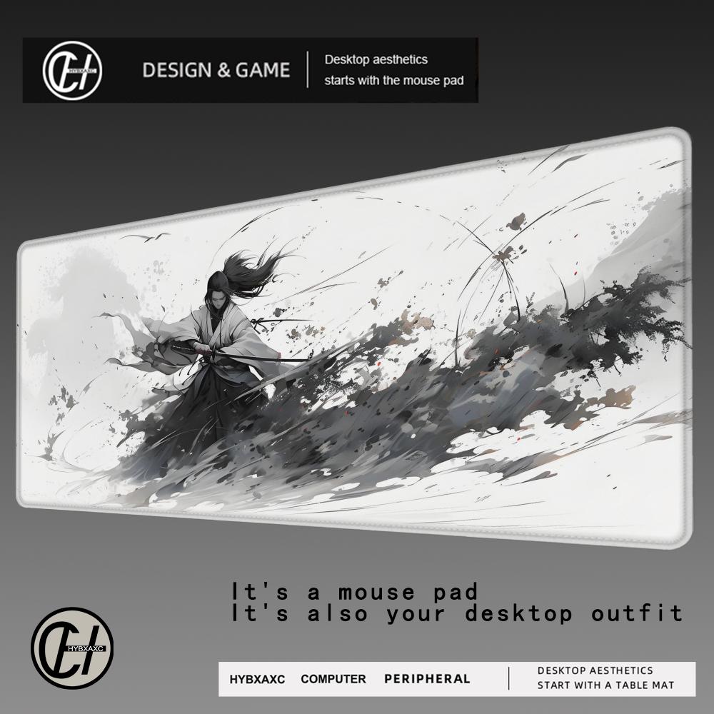 HYBXAXC Ink Warrior Mouse Pad XXL Anime samurai Rug Gaming Pc Accessories 40x90cm Office Desks Aesthetic Mousepad Table Cushion