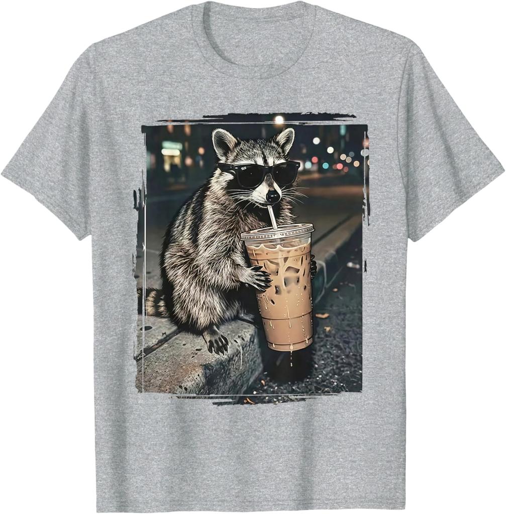 Raccoon Drinking Iced Coffee Funny Animal Meme Tshirt Unisex And Unisex Summer Cotton Clothing Fashion Round Neck Short Sleeved Tee