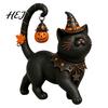 Artistic Resin Animal Decor Halloween Black Cat Wearing Hat Figurine, Witch Statue for Gift Dark Style Enthusiasts Desk Shelf, Spooky Cute Home Decor,