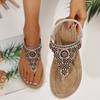 Ladies Strap Flat Sandals Summer Boho Rhinestone Dressy Thong Shoes Elastic Ankle Strap Roman Sandals Comfortable Walking