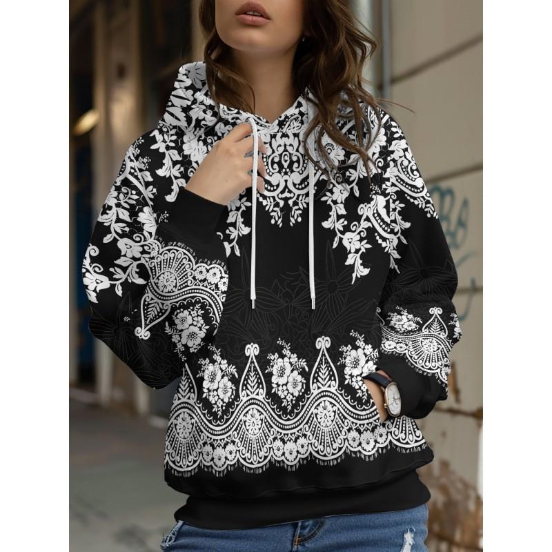 Womens Oversized Hooded Long Sleeve Sweatshirt With Floral Plaid Print Comfortable Breathable Casual Top