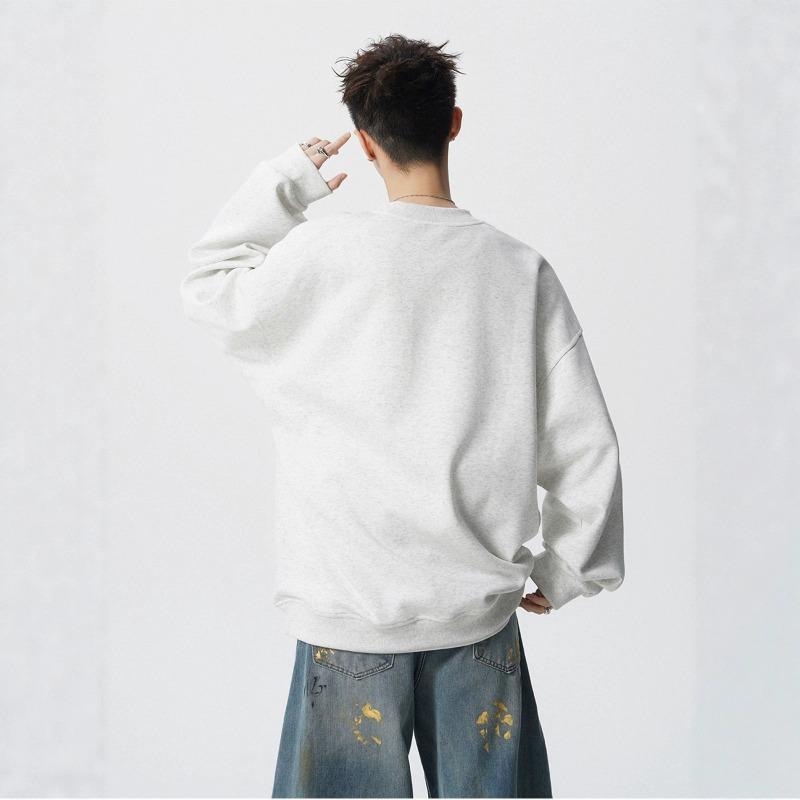 Flower printing heavy crew neck sweater brand autumn and winter loose casual ruffian handsome black clothes