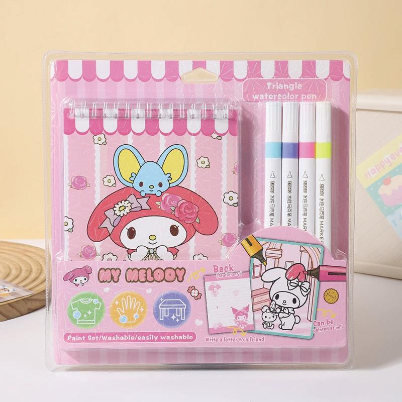 Sanrio Hello Kitty Melody Kuromi Блокнот для рисования Четырехцветный акварельный маркер Мультяшный граффити Раскрашивание Акварельная живопись Подарок