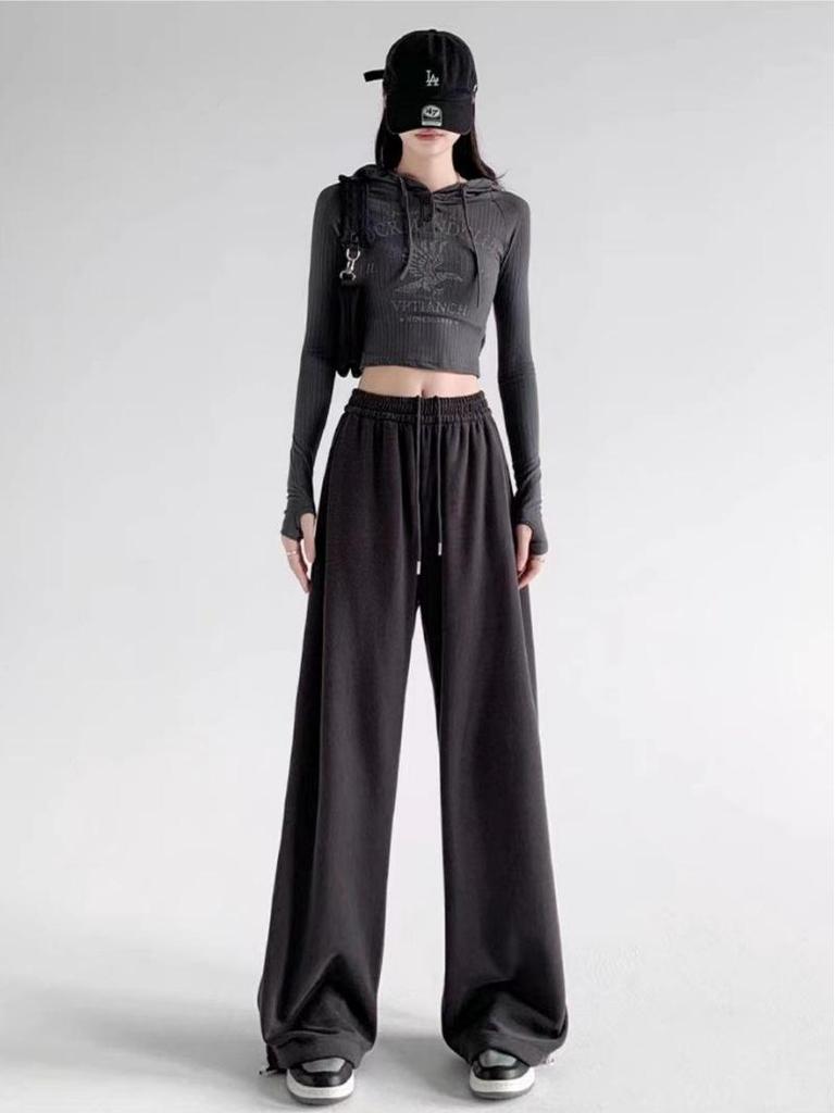 Women's American-Style Gray Sweatpants: Spring & Autumn Loose Fit, Slimming, Wide-Leg, Straight-Leg, Winter Fleece-Lined.