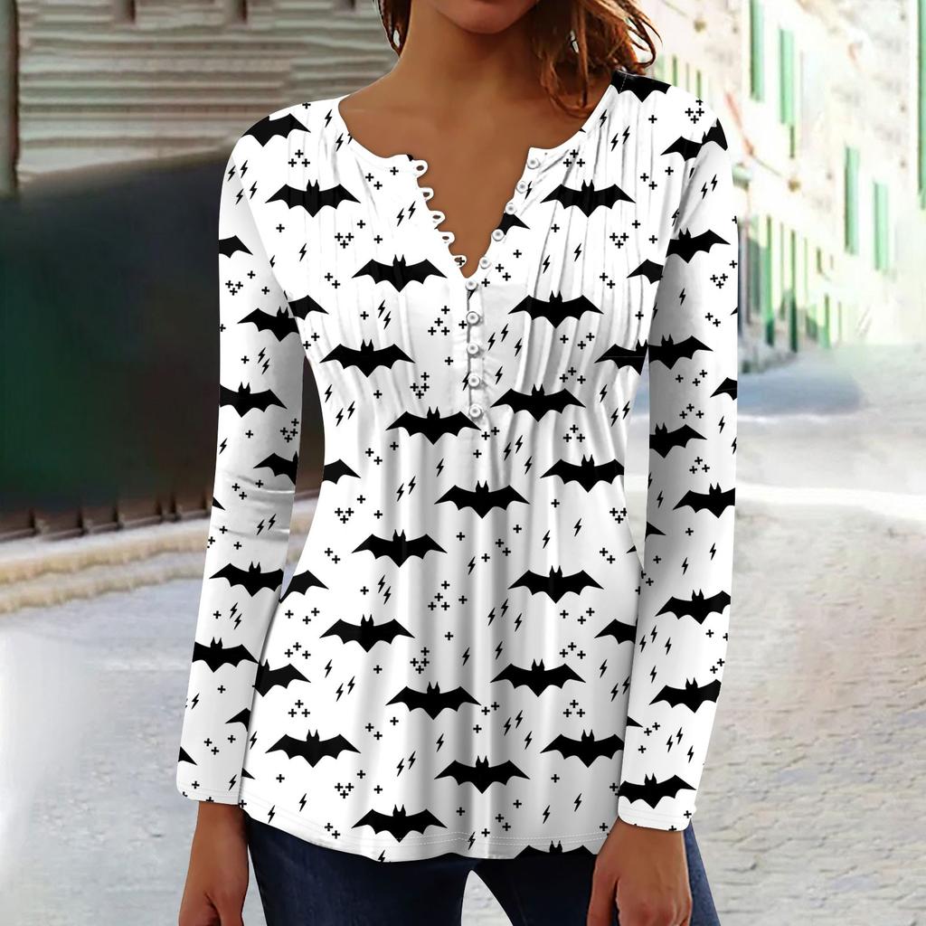 Женский топ с длинными рукавами и плиссированным воротником на пуговицах с принтом Хэллоуина, весна-осень